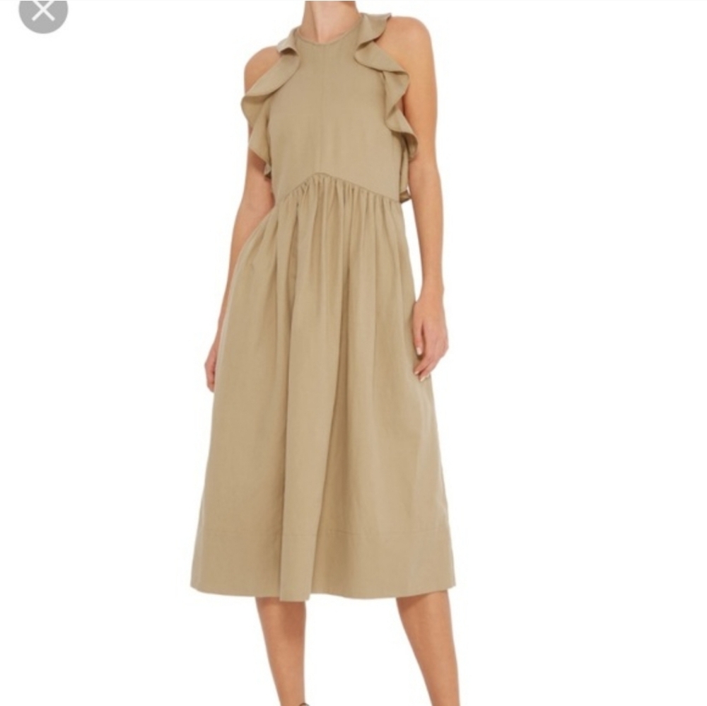 Ulla Johnson Linen Blend Cecily Ruffled Midi Dress In Khaki Size 0 - Picture 2 of 11